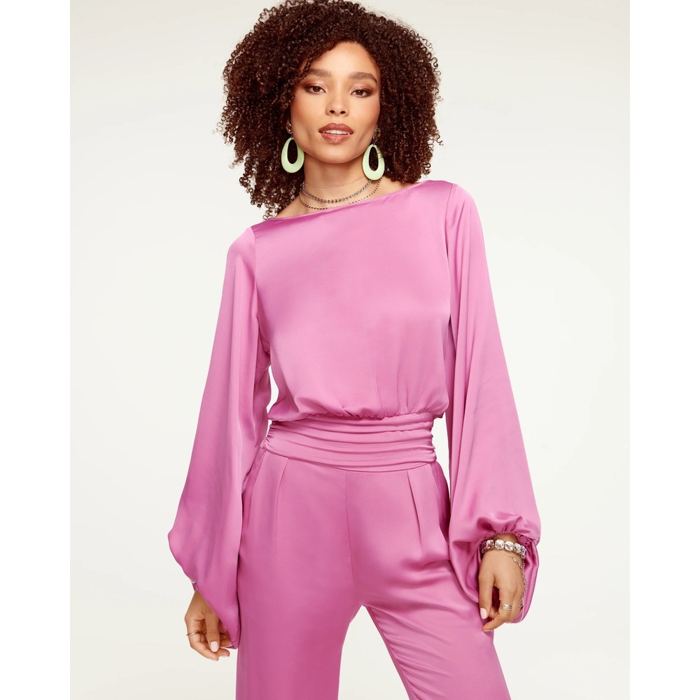 Ramy Brook Vivian Long Sleeve Top Womens XL Pink Balloon Sleeve Smocked Cropped